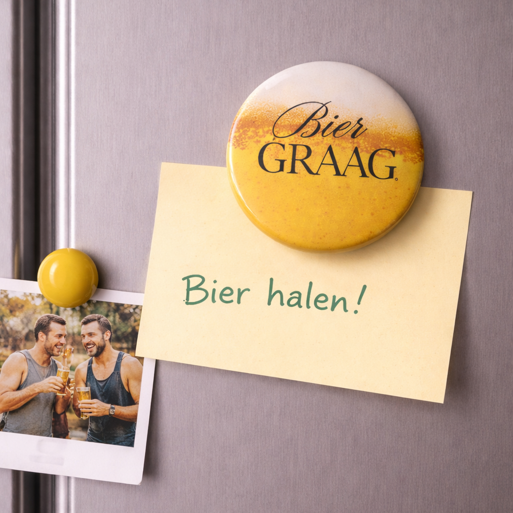 Bieropener Magneet – “Bier Graag” – Koelkastmagneet met Flesopener