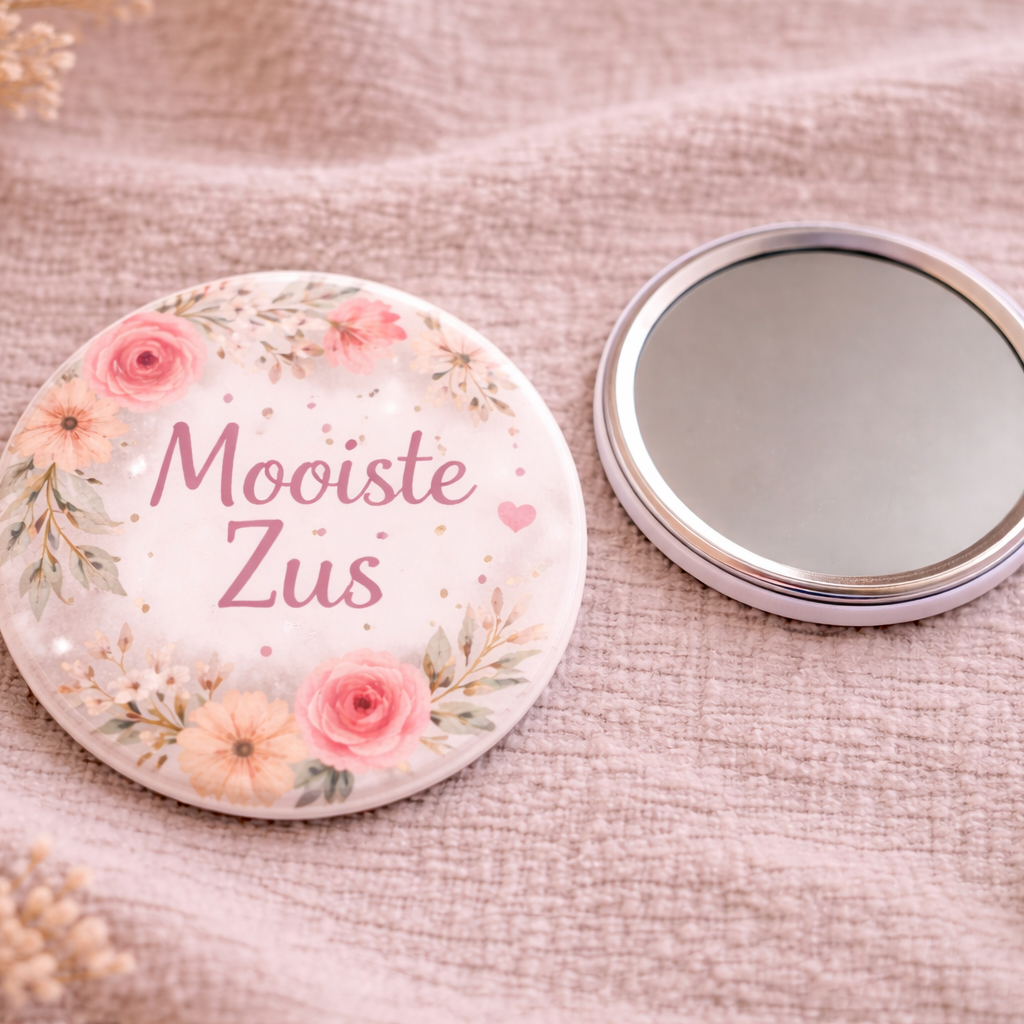 Mooiste Zus Spiegel 58mm – Bloemen Design – Compact Zakspiegeltje – Cadeau voor Zus