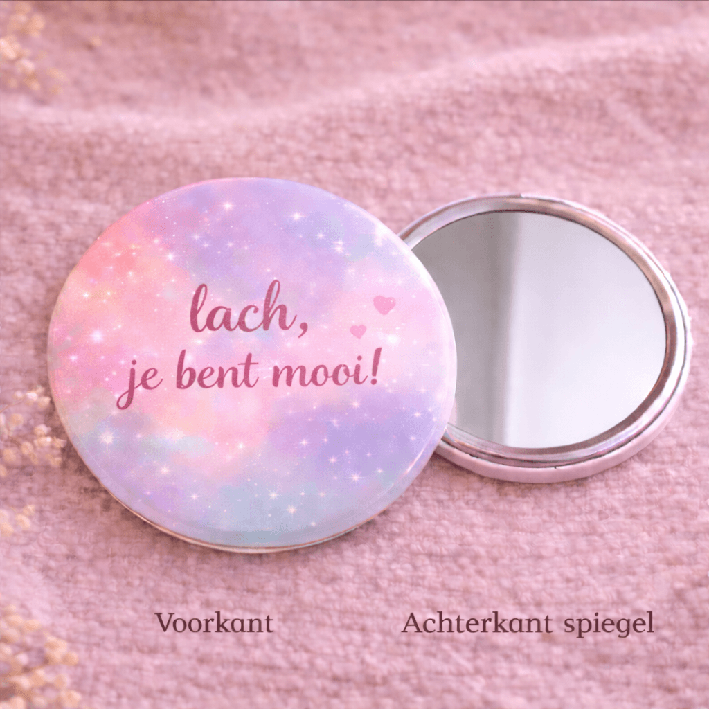 Compacte Spiegel met Tekst “Lach, je bent mooi!” – Handspiegel – Cadeau voor Vrouw – Pastel Design