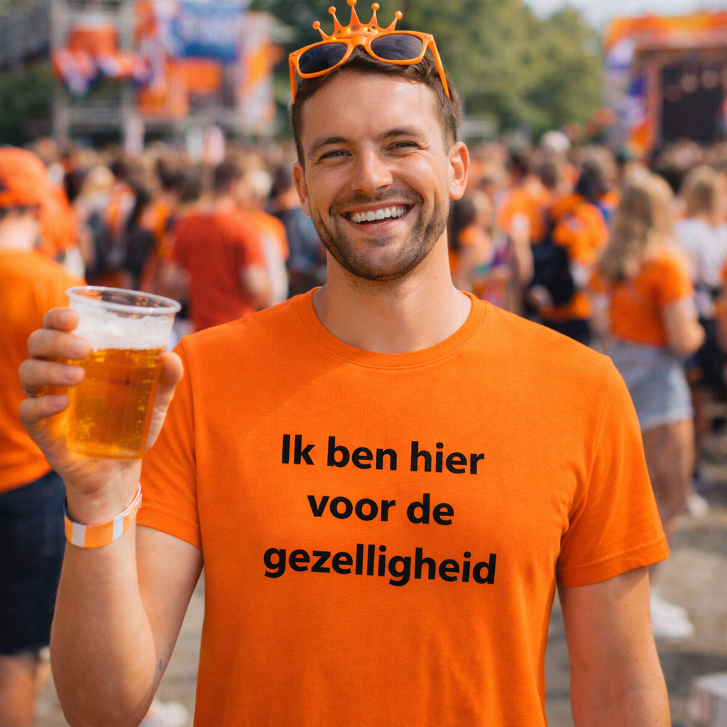 Heren Koningsdag T-shirt – Ik ben hier voor de gezelligheid – Oranje Shirt