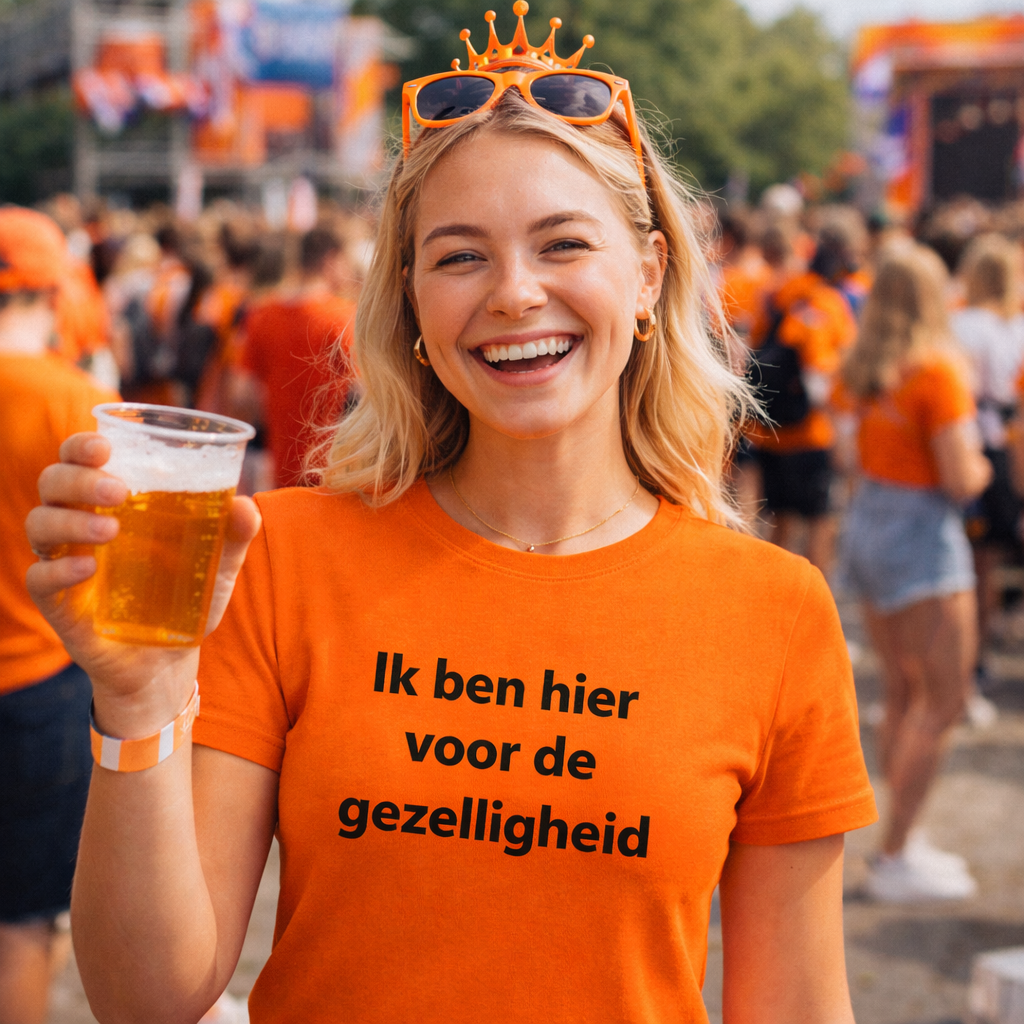 Dames Koningsdag T-shirt – Ik ben hier voor de gezelligheid – Oranje Shirt