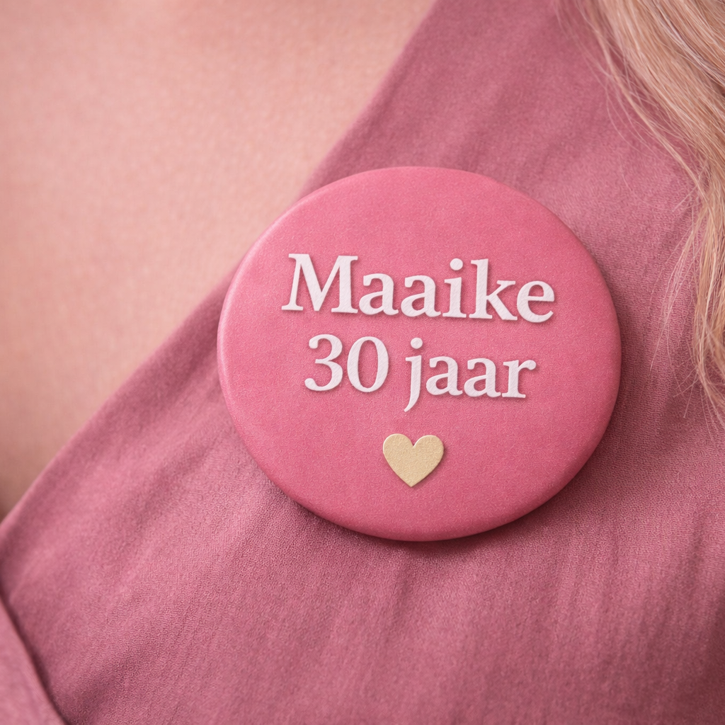 Gepersonaliseerde Verjaardag Button β Naam & Leeftijd β Roze met Goud Hartje β 58mm
