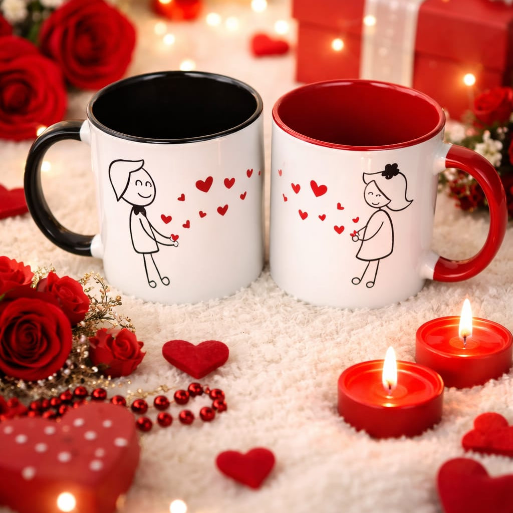 Koppel Mok Set – 2 Stuks Liefdes Mokken met Hartjes – Keramische Koffiekoppen Zwart & Rood – Valentijn Cadeau voor Hem & Haar