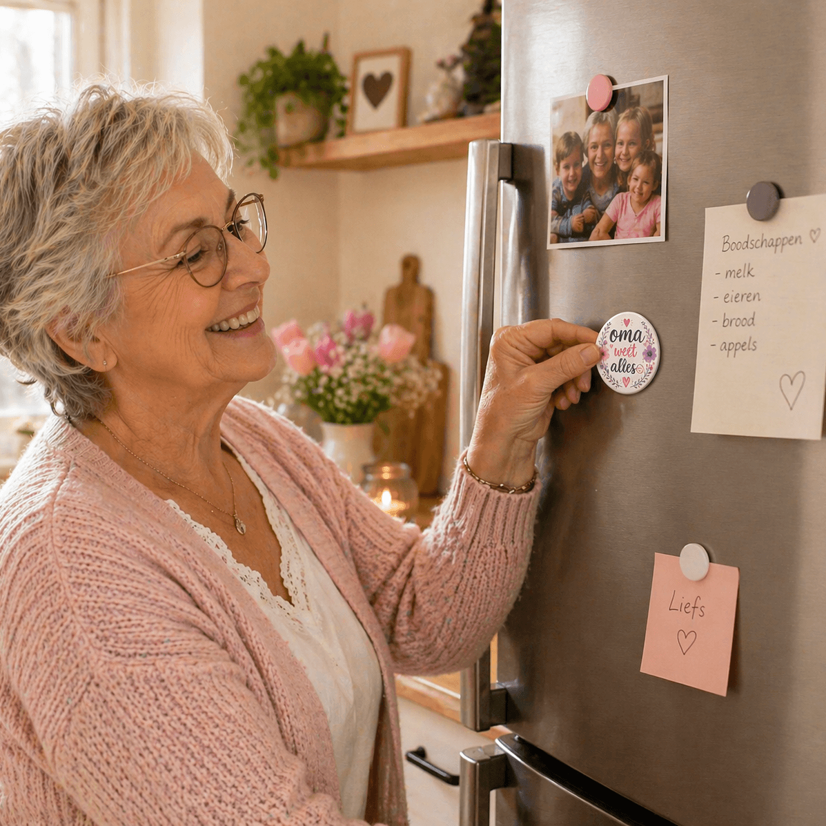Koelkast magneet - mama mijn alles. Oma plaatst de magneet op haar koelkast met een glimlach.