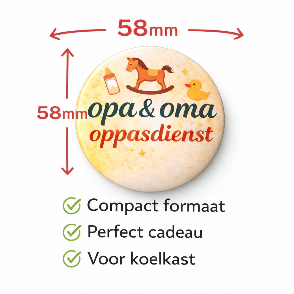 Koelkastmagneet opa en oma oppasdienst met schattige afbeeldingen, 58 mm formaat, ideaal als cadeau voor grootouders.