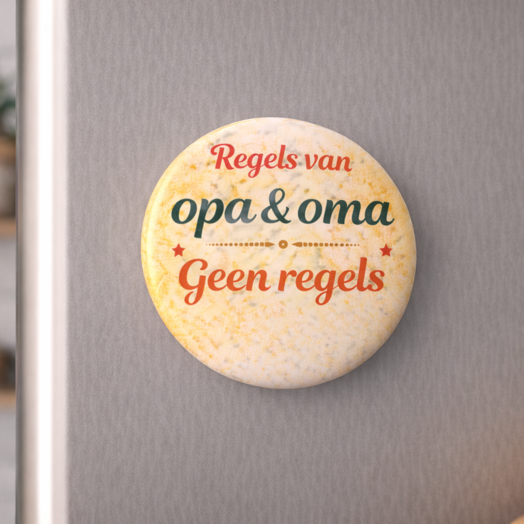Koelkastmagneet Opa & Oma – Regels van opa en oma: geen regels – 58 mm – Grappig cadeau voor opa en oma – Cadeau grootouders