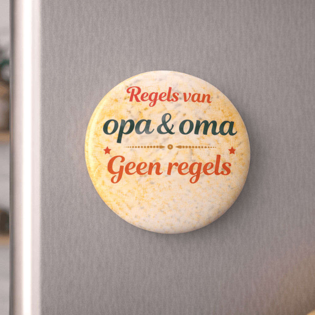 grappige koelkastmagneet opa en oma met tekst 'Regels van opa & oma: geen regels'