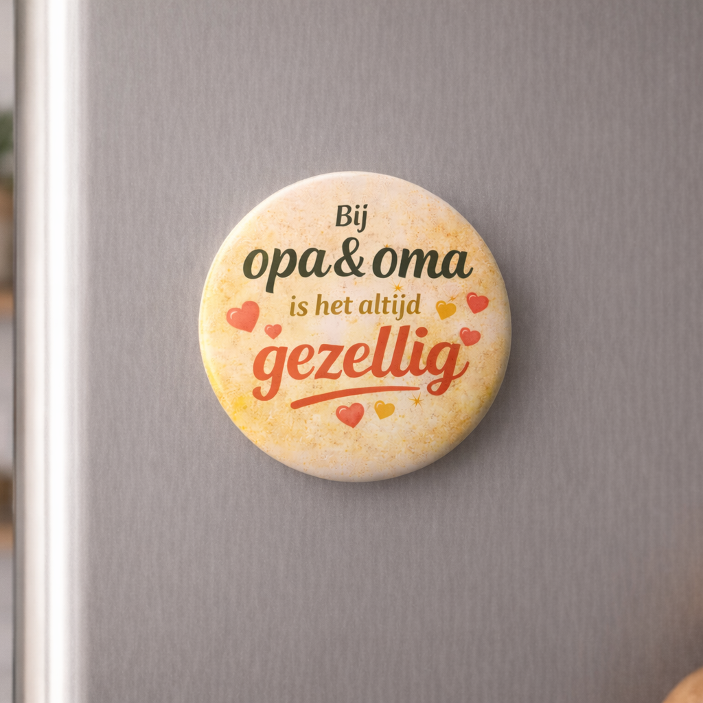 Koelkastmagneet Opa & Oma β Bij opa en oma is het altijd gezellig β 58 mm β Cadeau voor opa en oma β Lief cadeau grootouders