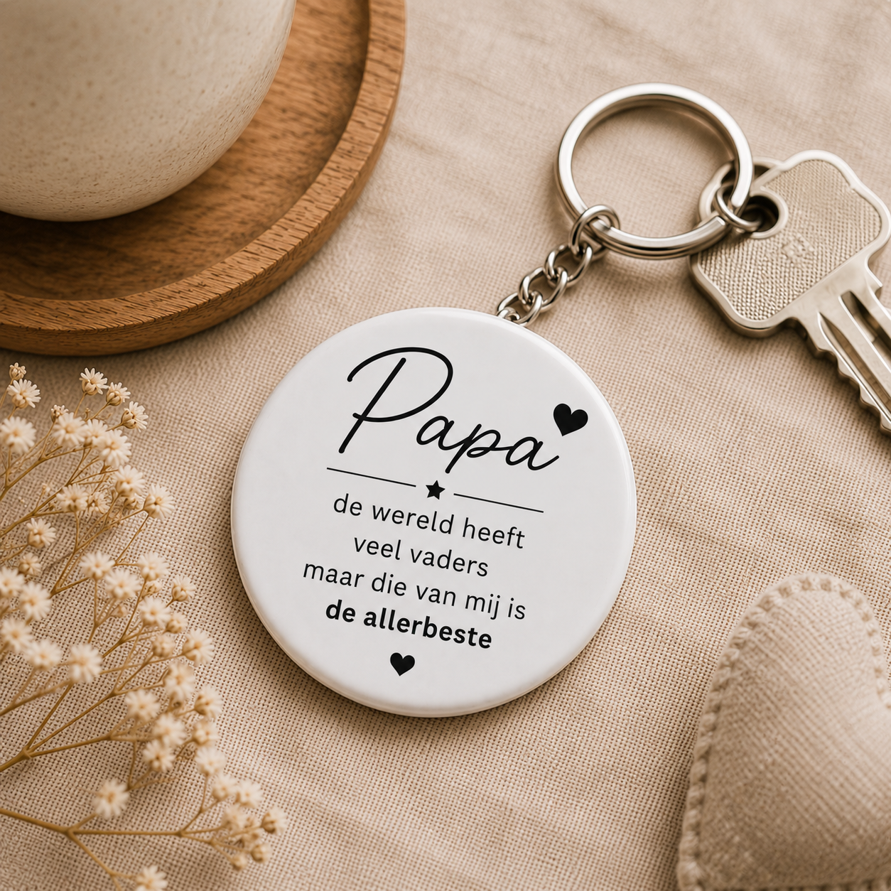 Papa sleutelhanger met tekst: 'de wereld heeft veel vaders maar die van mij is de allerbeste' op een stijlvolle achtergrond.