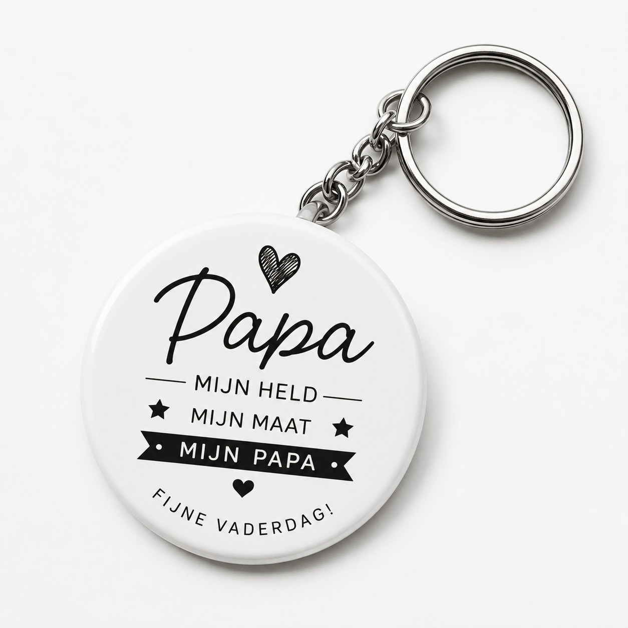 persoonlijke sleutelhanger voor vader met tekst 'Papa, mijn held, mijn maat, mijn papa' voor Vaderdag.