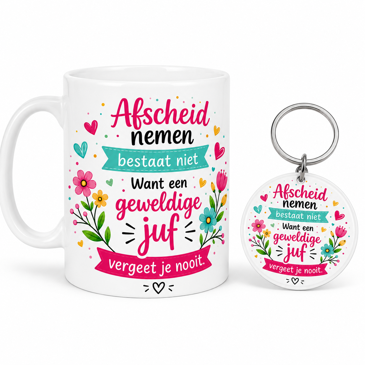 Cadeauset Juf – Mok & Sleutelhanger 'Afscheid nemen bestaat niet' | Origineel Bedankje Einde Schooljaar