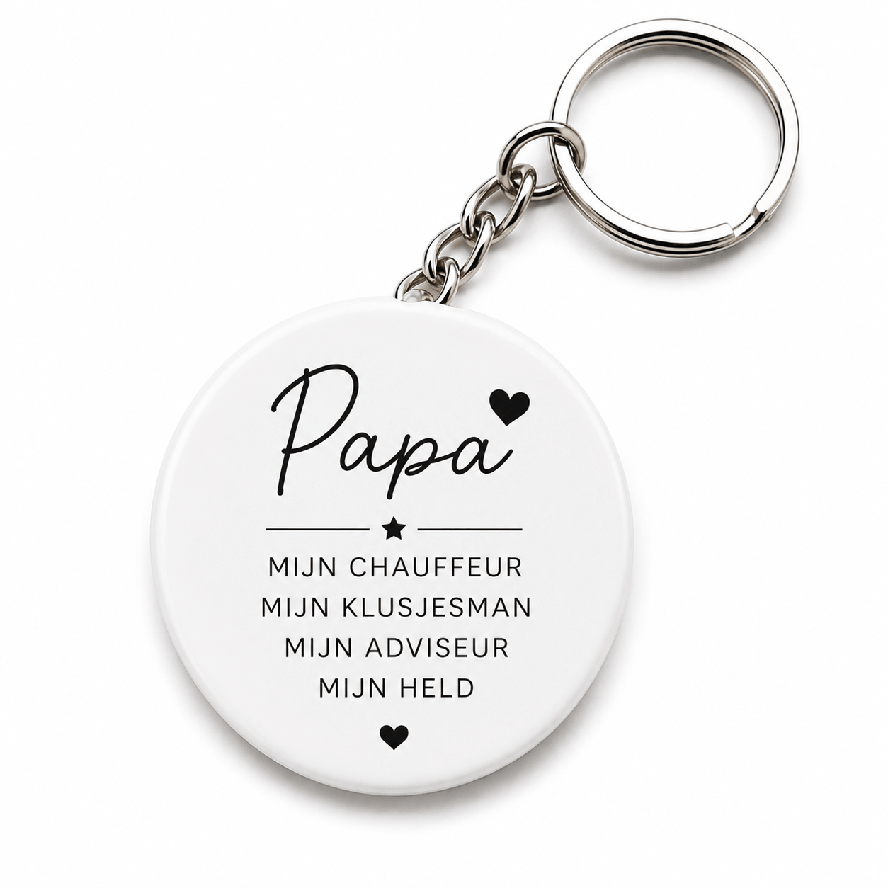 vaderdag sleutelhanger cadeau met tekst over papa als chauffeur, klusjesman en held.