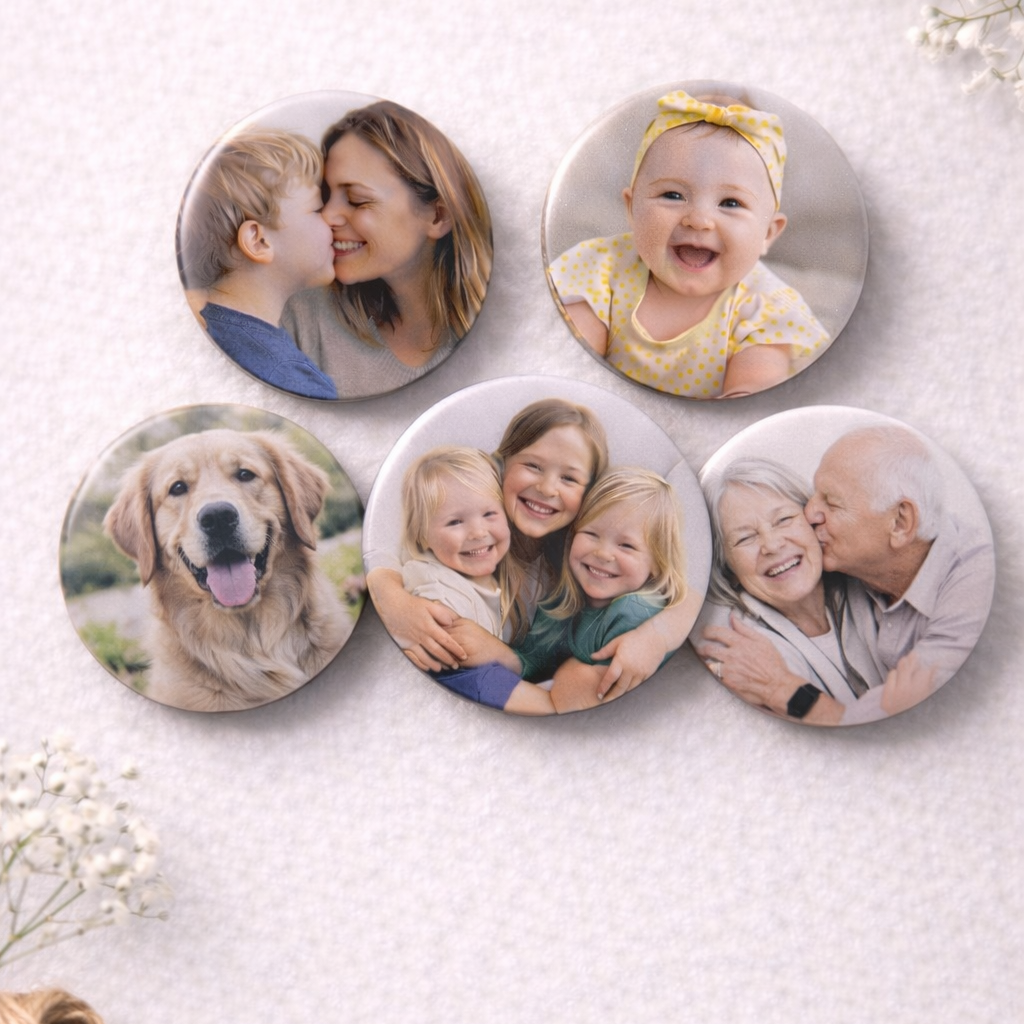 Set van 5 foto koelkastmagneten – 58mm | Gepersonaliseerd met eigen foto’s | Uniek cadeau