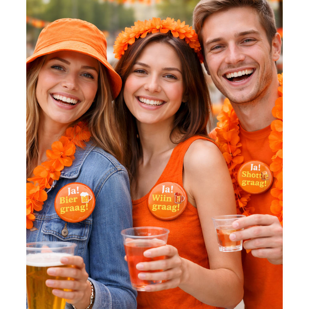 Koningsdag Buttons Set – “Ja! Bier graag!” “Ja! Wijn graag!” & “Ja! Shotje graag!” – 58mm – Set van 3