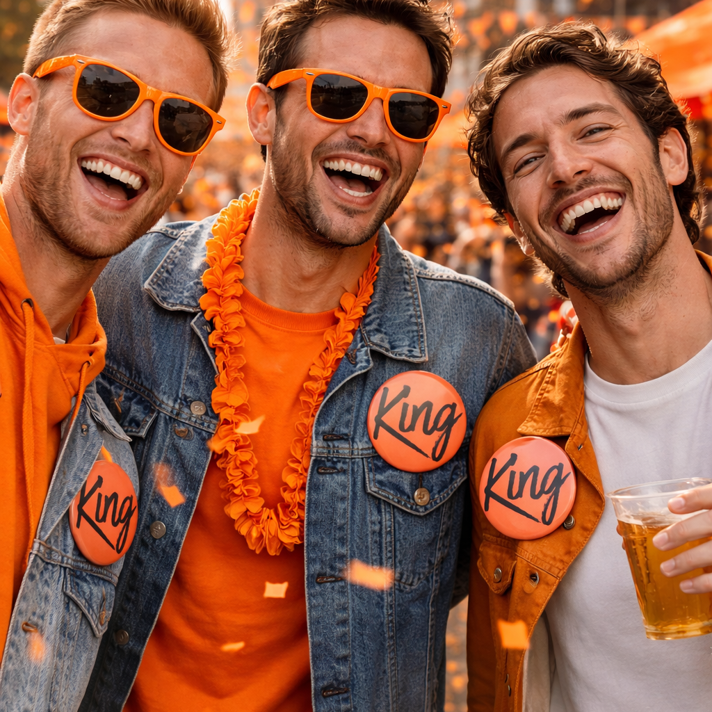 King Buttons – Set van 3 – 58 mm – Oranje Koningsdag Accessoire – Festival Button