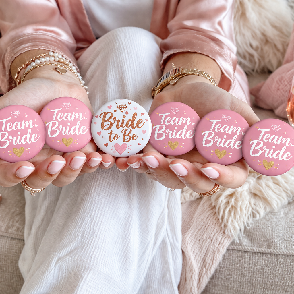 Team Bride Buttons Set β Bride to Be + 5x Team Bride β Vrijgezellenfeest β 58mm β Set van 6