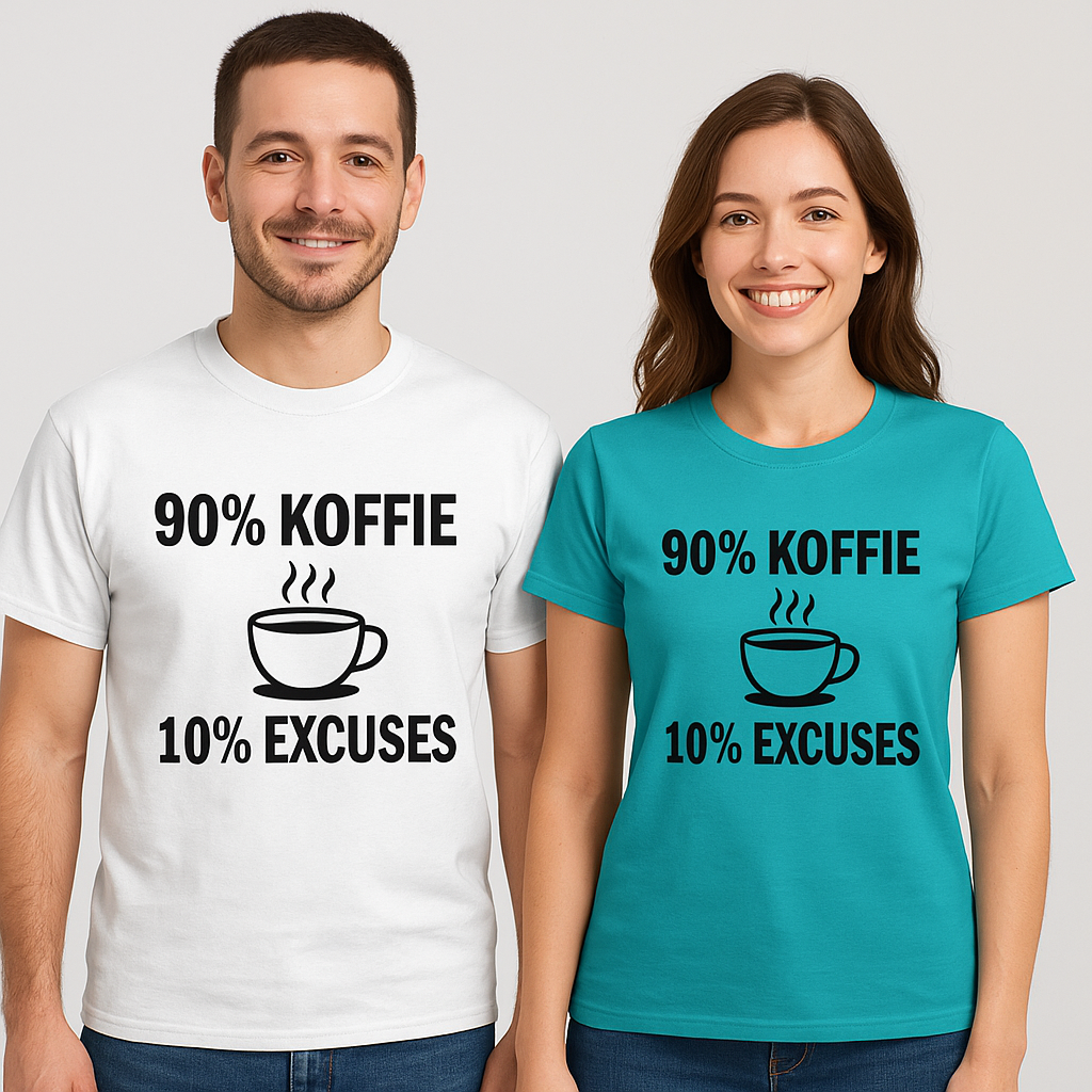 “90% koffie, 10% excuses” T-shirt – voor de caffeïne-helden onder ons