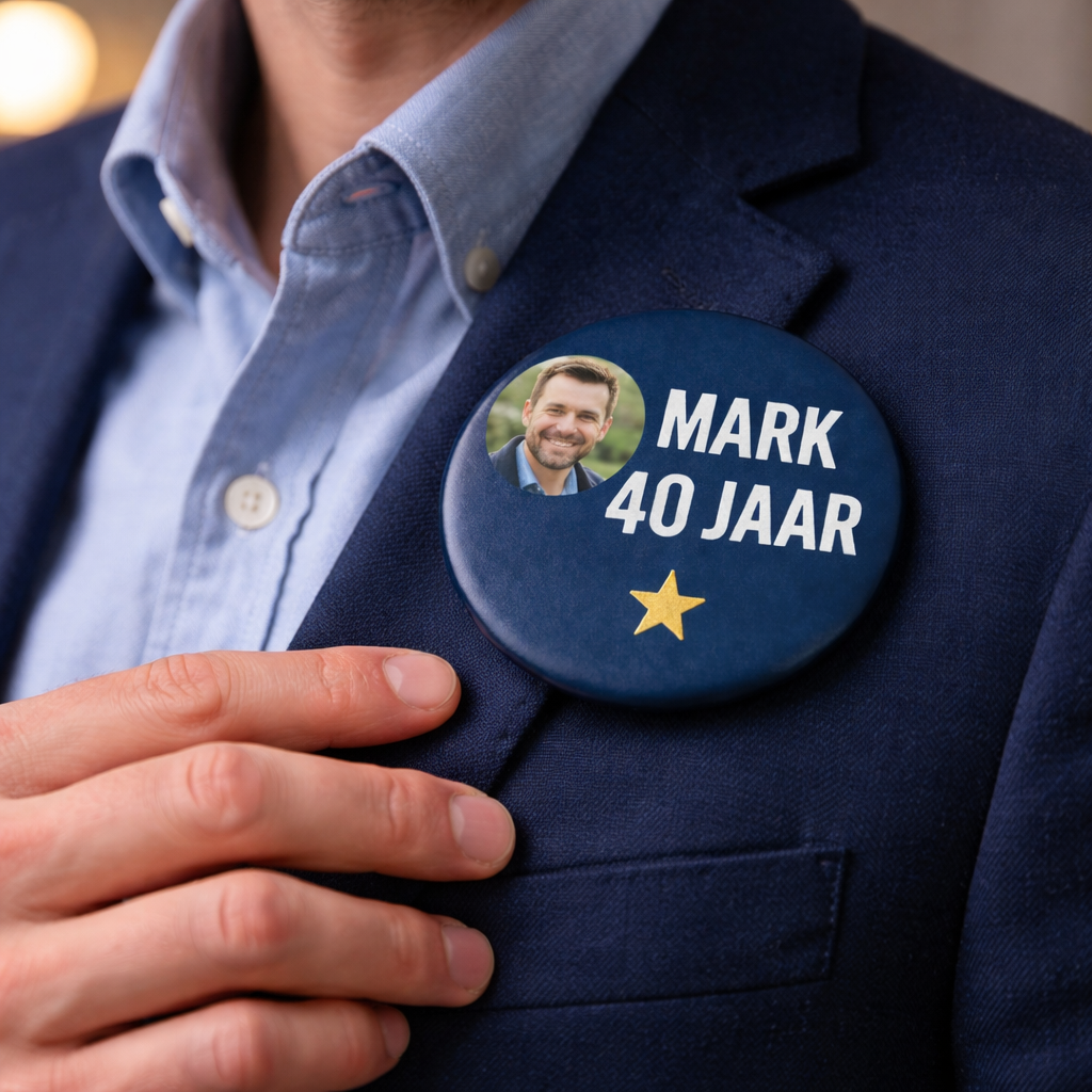 Gepersonaliseerde Verjaardag Button met Foto β Naam & Leeftijd β Stoer Design β 58mm