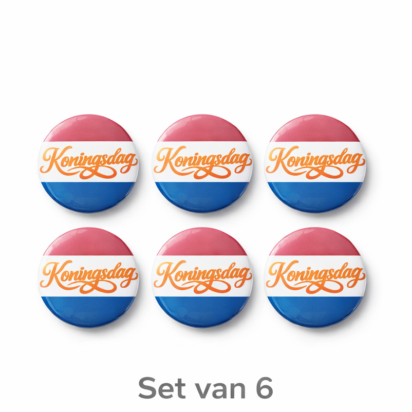 Koningsdag Buttons 25mm – Set van 6 | Feestelijke Oranje Speldjes