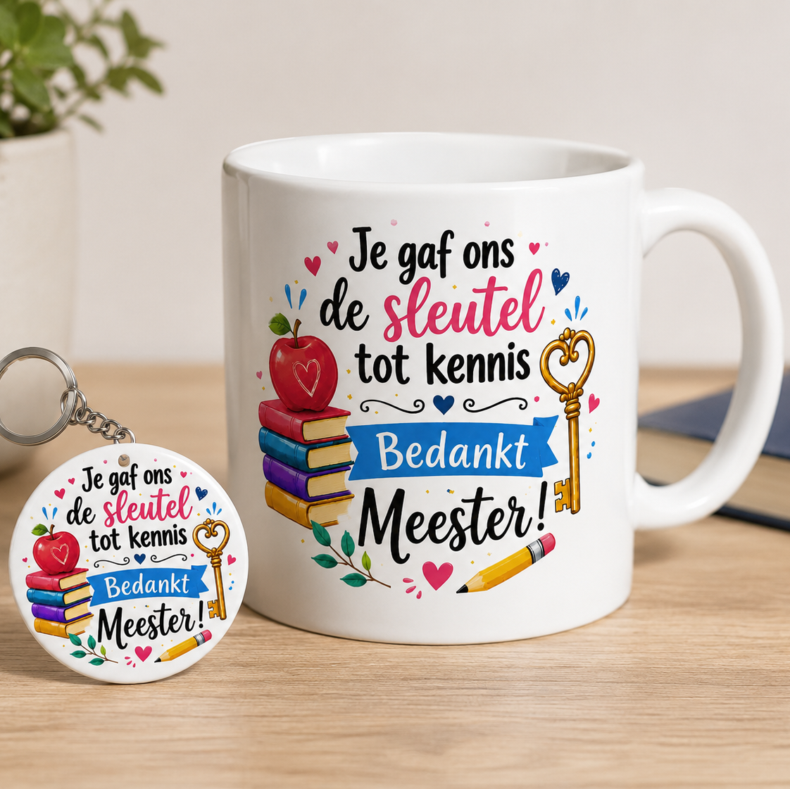 Sleutelhanger en mok cadeau meester