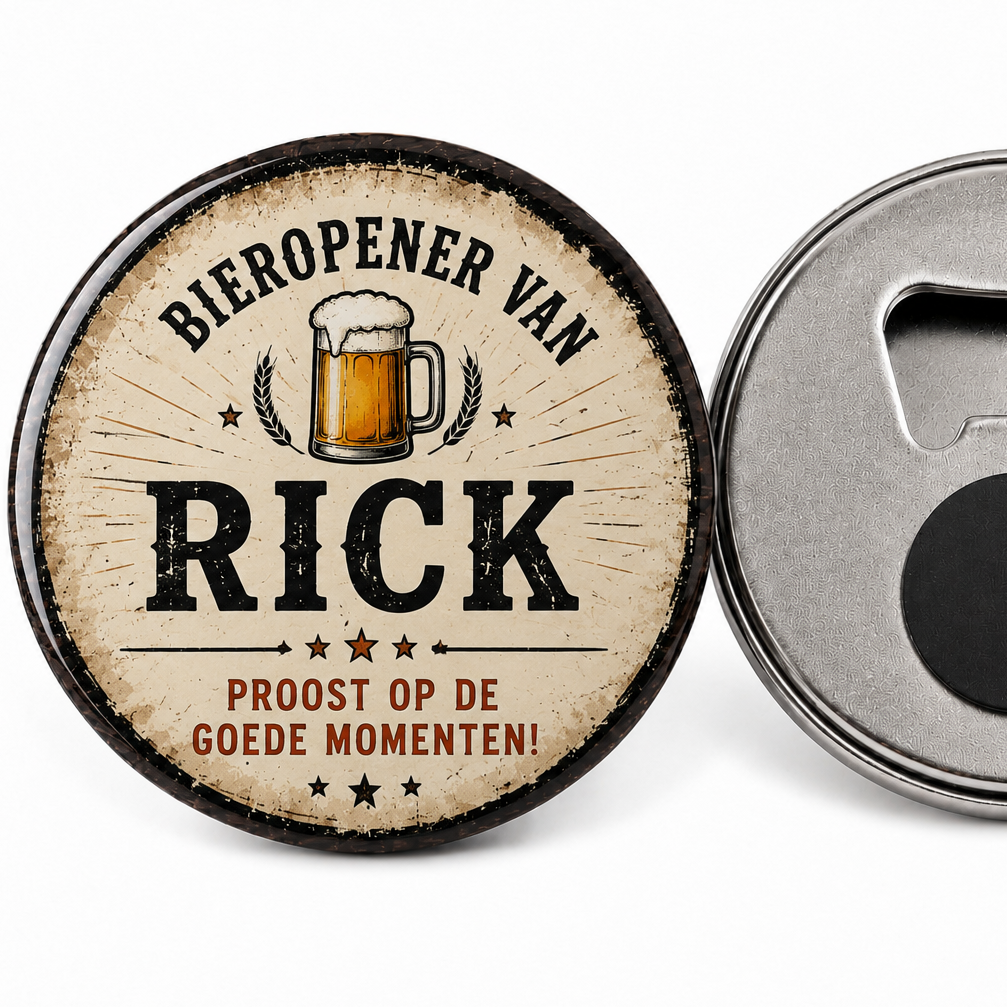 Gepersonaliseerde Magnetische Bieropener met Naam - vintage look - cadeau 