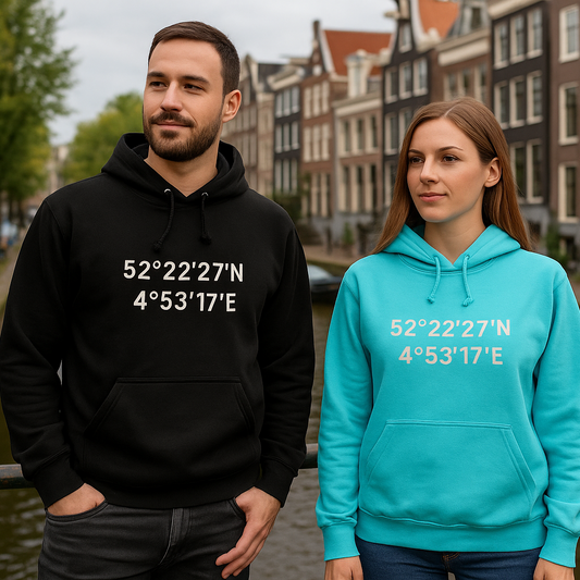 🌍 Unisex Hoodie – Amsterdam Coördinaten | Stijlvol & Betekenisvol