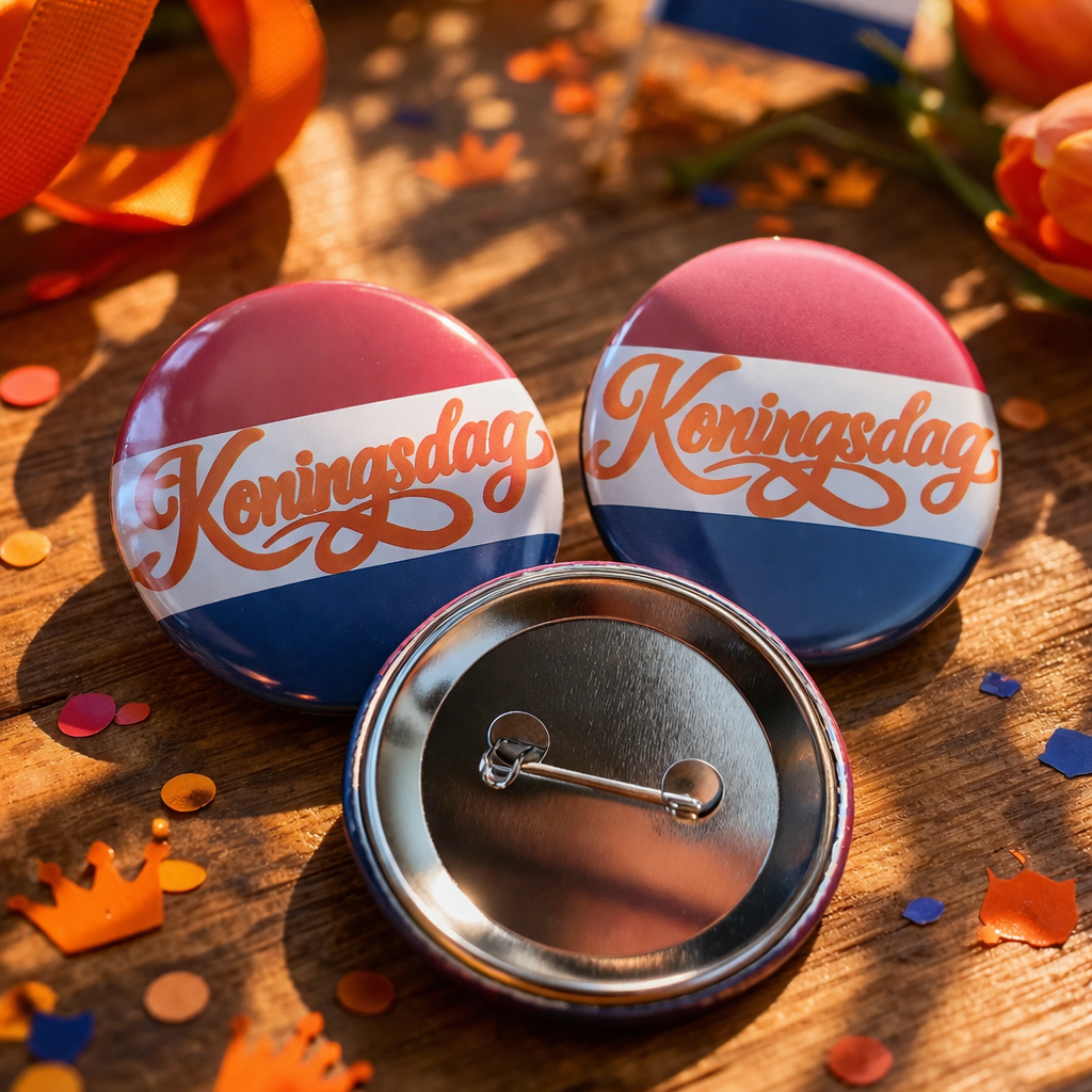 Koningsdag Buttons – Set van 3 – 58 mm – Oranje / Nederlandse vlag – Feest Accessoire