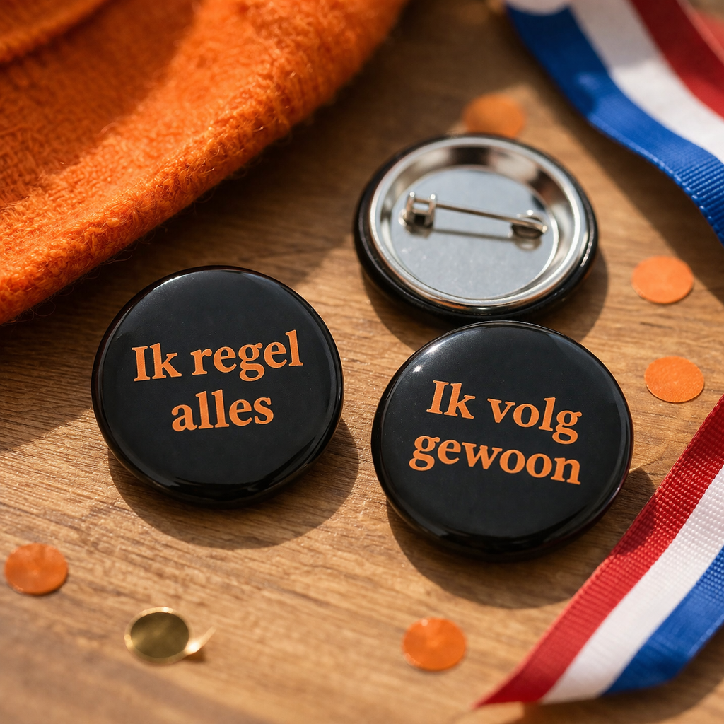 Koningsdag Buttons Set – “Ik regel alles / Ik volg gewoon” – 58mm – Set van 2