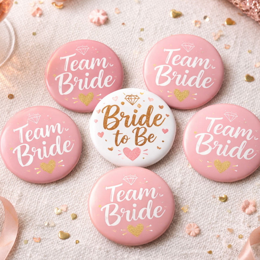 Team Bride Buttons Set – Bride to Be + 5x Team Bride – Vrijgezellenfeest – 58mm – Set van 6