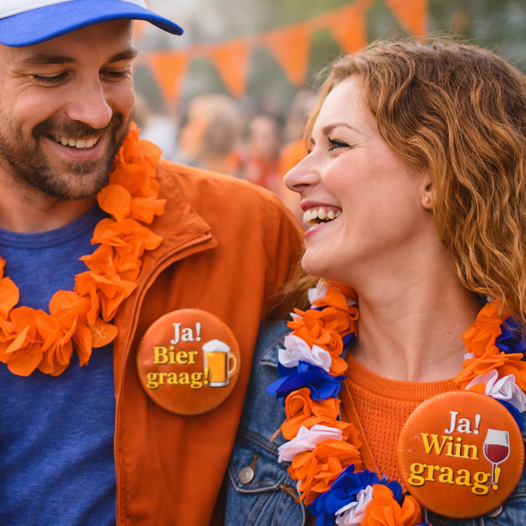 Koningsdag Buttons Set – “Ja! Bier graag!” & “Ja! Wijn graag!” – 58mm – Set van 2