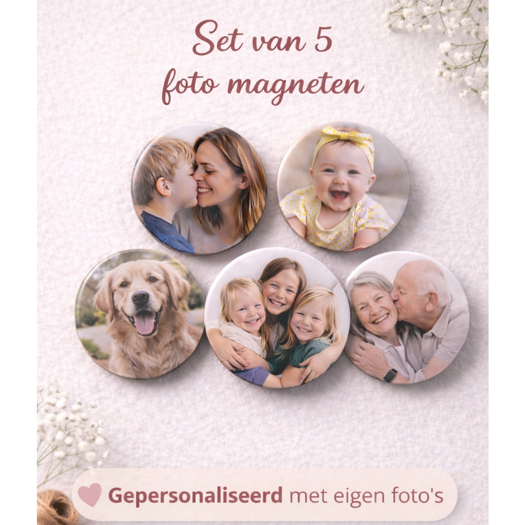 Set van 5 foto koelkastmagneten – 58mm | Gepersonaliseerd met eigen foto’s | Uniek cadeau