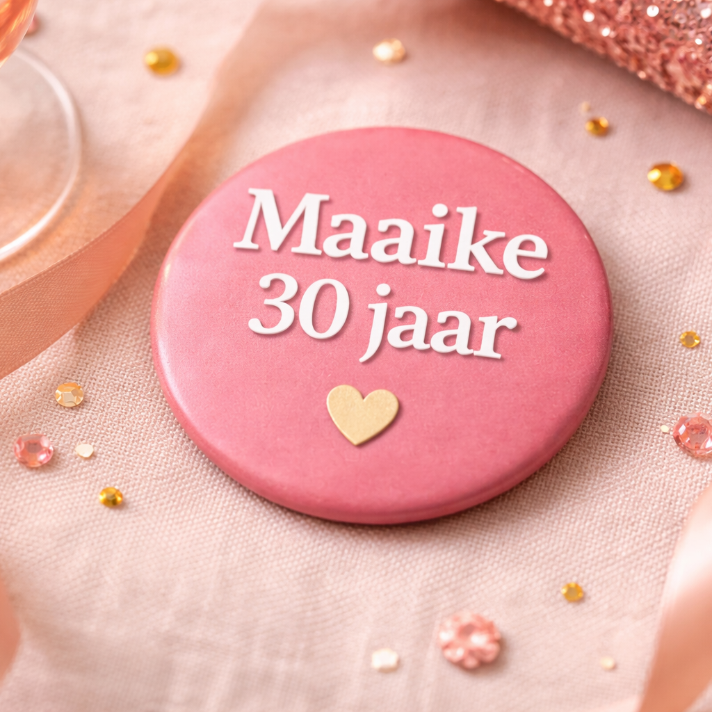 Gepersonaliseerde Verjaardag Button – Naam & Leeftijd – Roze met Goud Hartje – 58mm