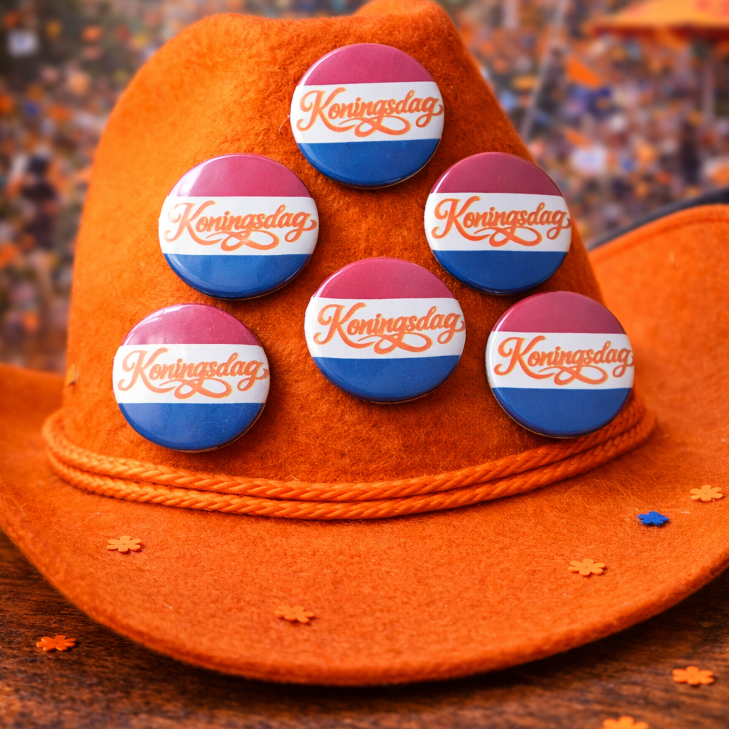 Koningsdag Buttons 25mm – Set van 6 | Feestelijke Oranje Speldjes
