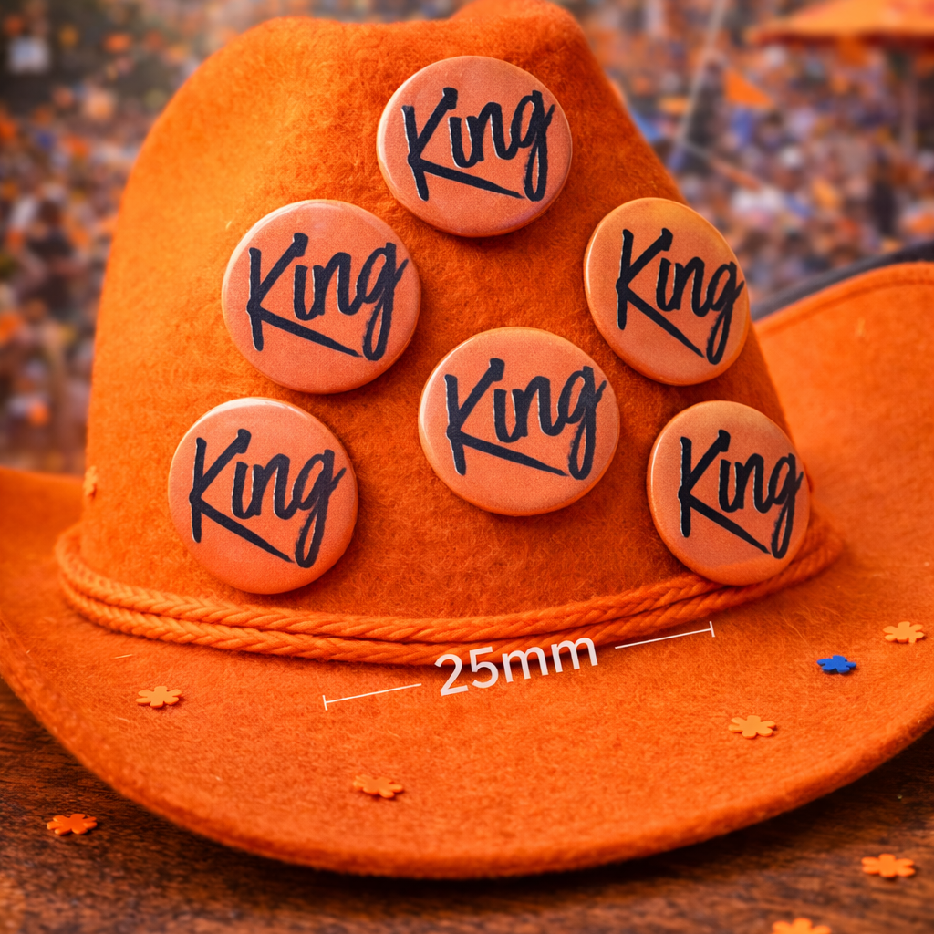 King Buttons – Set van 6 – 25 mm – Oranje Koningsdag Buttons – Festival Accessoire