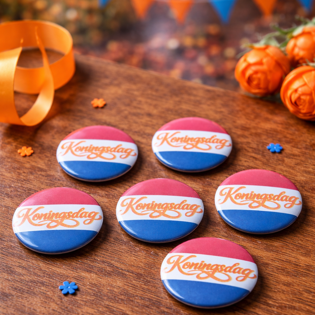 Koningsdag Buttons 25mm – Set van 6 | Feestelijke Oranje Speldjes