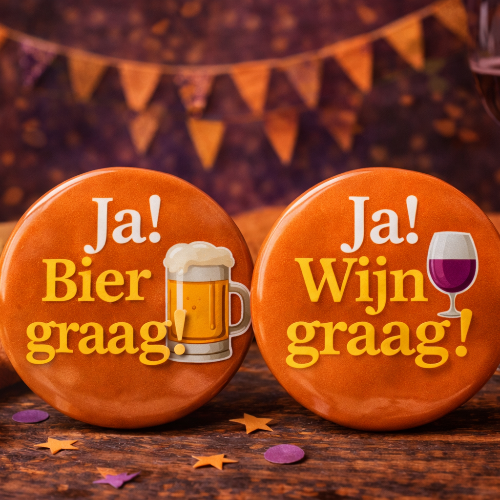 Koningsdag Buttons Set – “Ja! Bier graag!” & “Ja! Wijn graag!” – 58mm – Set van 2