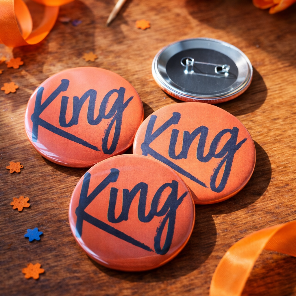 King Buttons – Set van 3 – 58 mm – Oranje Koningsdag Accessoire – Festival Button