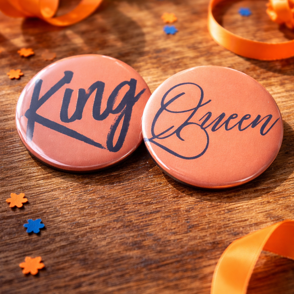 King & Queen Buttons – Set van 2 – 58 mm – Koningsdag Koppel Accessoire – Oranje Festival Buttons