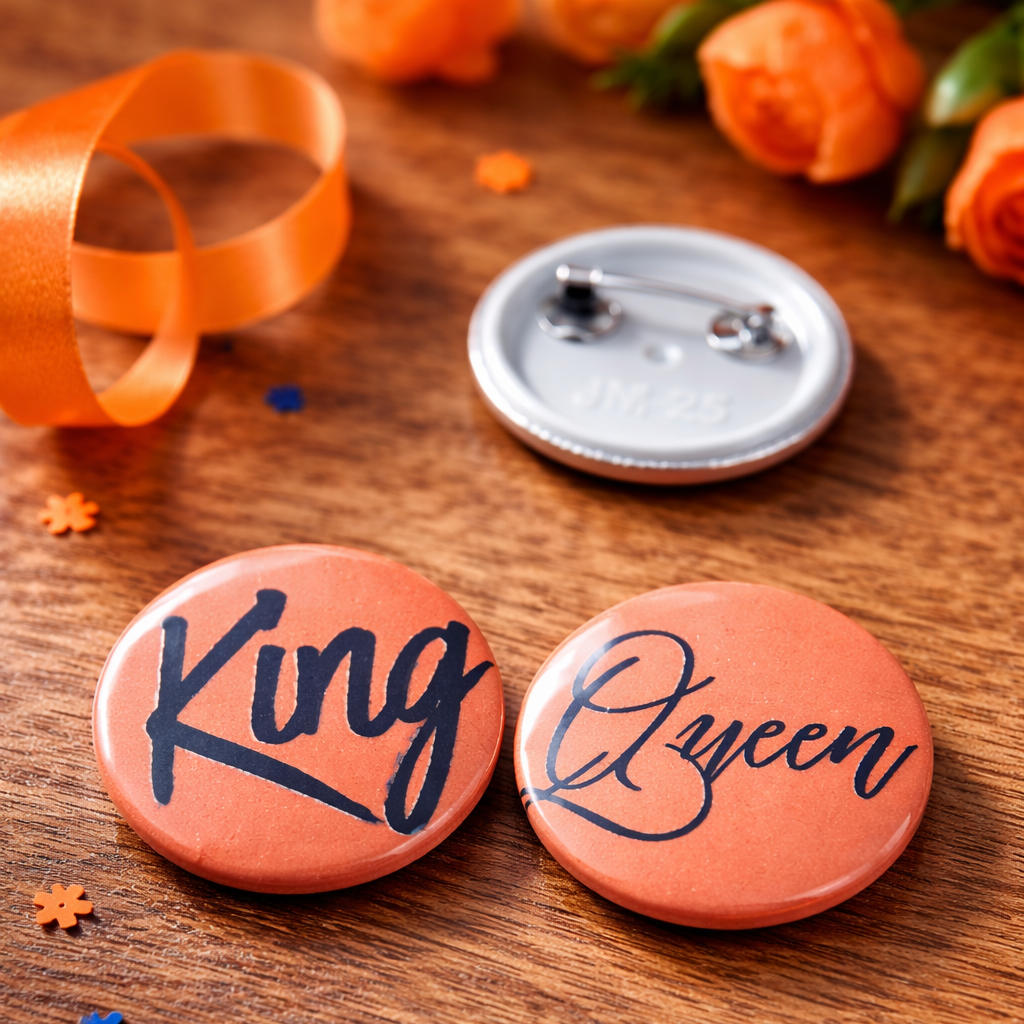 King & Queen Buttons – Set van 2 – 25 mm – Koningsdag Koppel Buttons – Oranje Accessoire