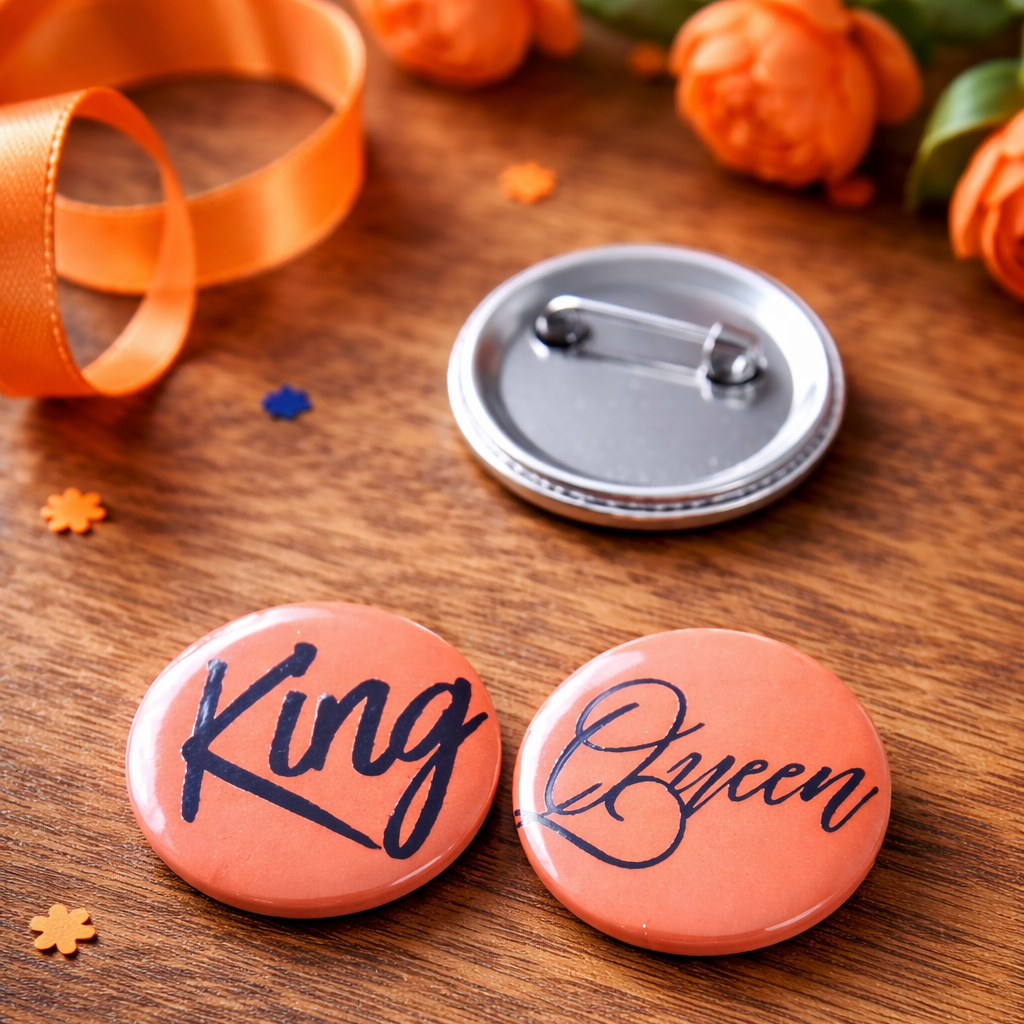 King & Queen Buttons – Set van 2 – 25 mm – Koningsdag Koppel Buttons – Oranje Accessoire