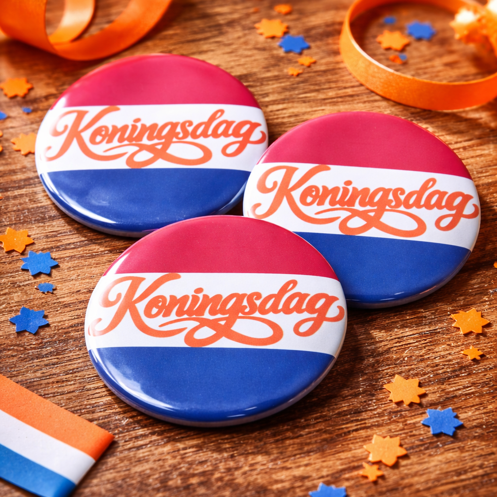 Koningsdag Buttons – Set van 3 – 58 mm – Oranje / Nederlandse vlag – Feest Accessoire