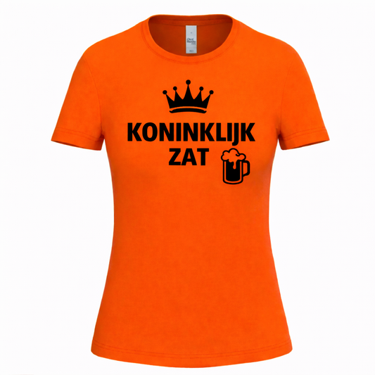 Dames Koningsdag T-shirt – Koninklijk Zat – Oranje Shirt met Kroon & Bier