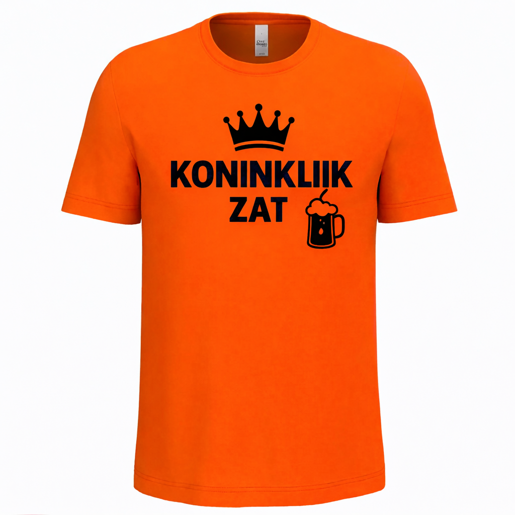 Heren Koningsdag T-shirt – Koninklijk Zat – Oranje Shirt met Kroon & Bier