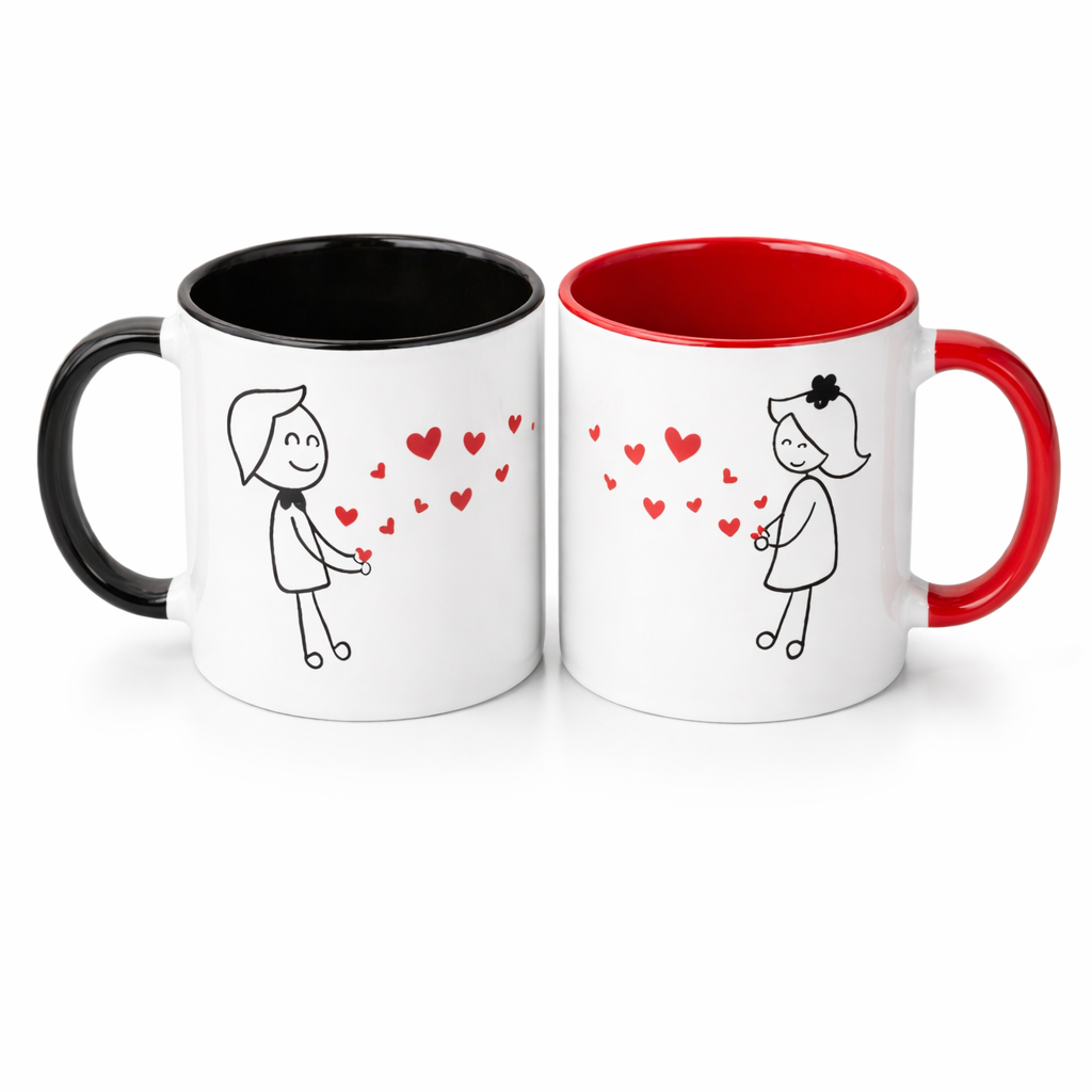 Koppel Mok Set – 2 Stuks Liefdes Mokken met Hartjes – Keramische Koffiekoppen Zwart & Rood – Valentijn Cadeau voor Hem & Haar