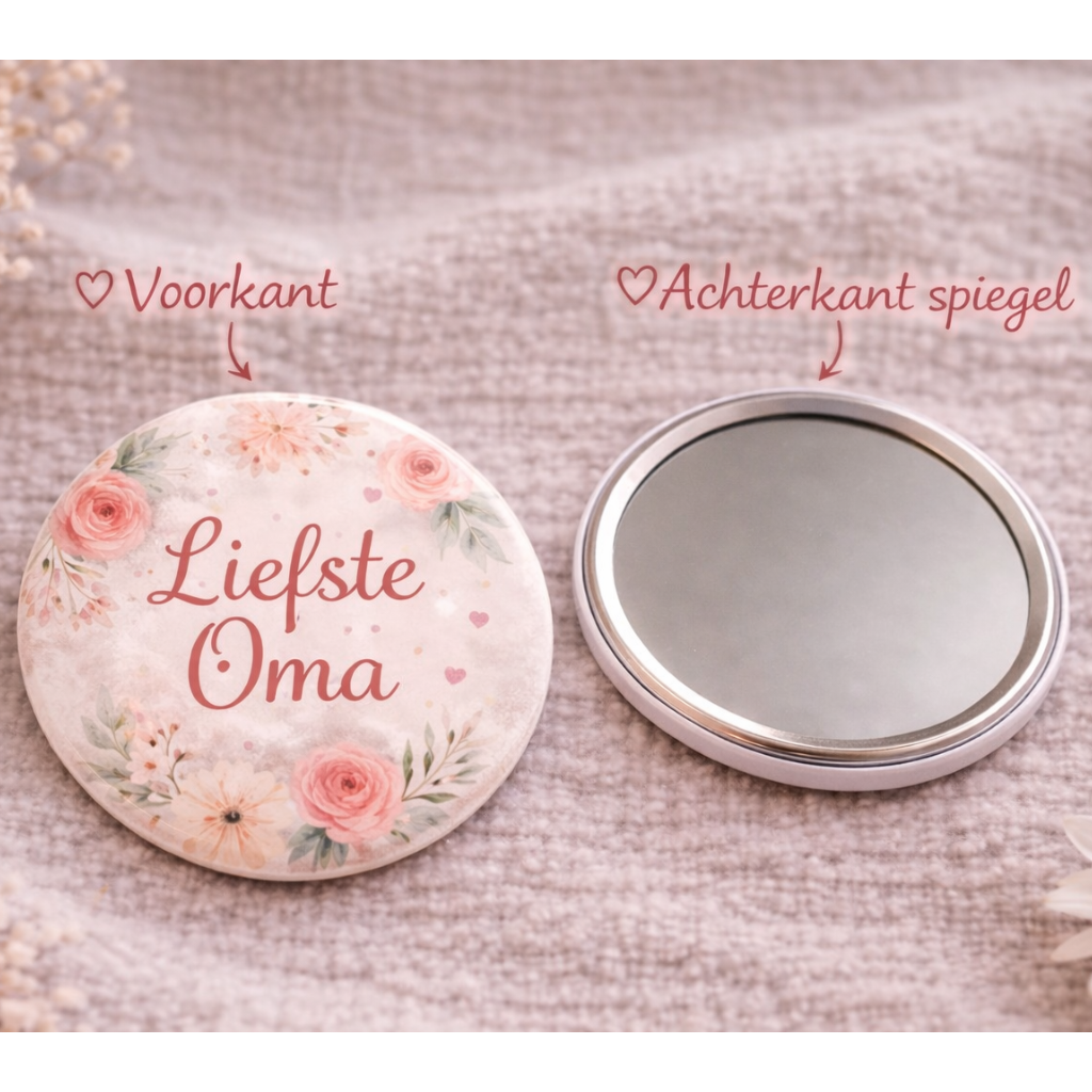 Liefste Oma Spiegel 58mm – Bloemen Design – Compact Zakspiegeltje – Cadeau voor Oma