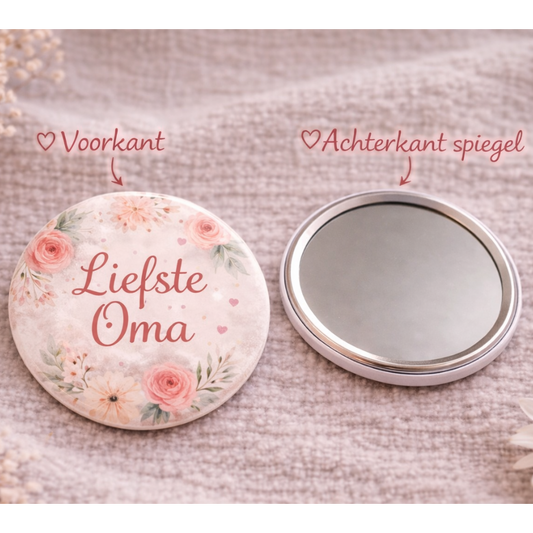 Liefste Oma Spiegel 58mm – Bloemen Design – Compact Zakspiegeltje – Cadeau voor Oma