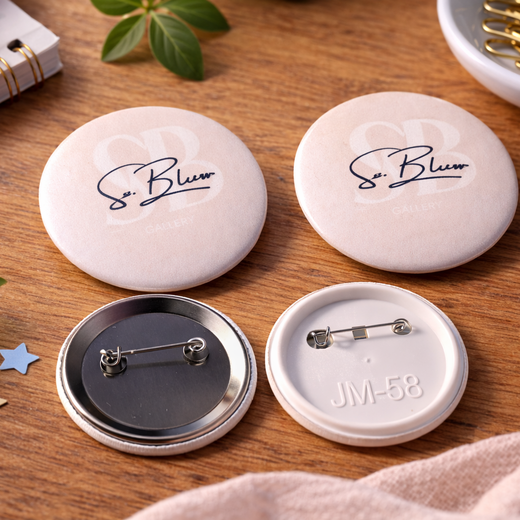 Gepersonaliseerde logo buttons 58 mm – 4 stuks – Bedrijfslogo button – Promotie buttons – Bedrukte buttons
