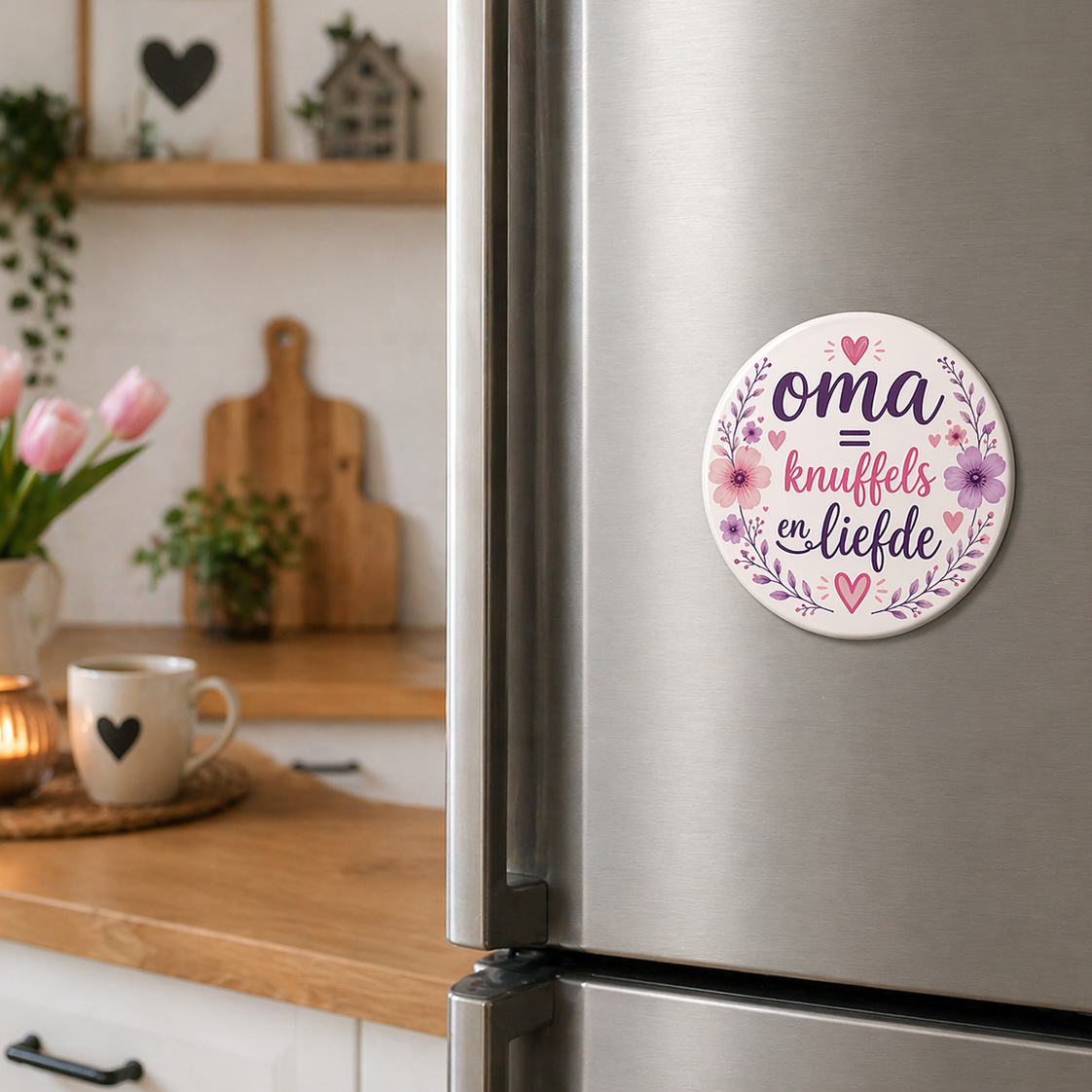 Koelkast magneet - oma = knuffels en liefde – 58mm – Lief cadeau voor oma – Ronde magneet met bloemen design