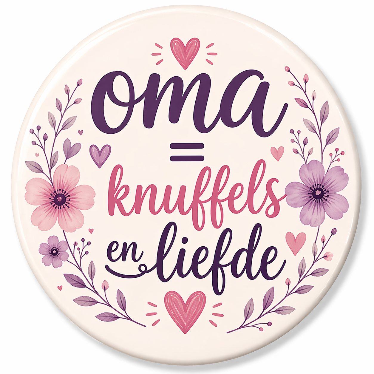 Koelkast magneet - oma = knuffels en liefde – 58mm – Lief cadeau voor oma – Ronde magneet met bloemen design