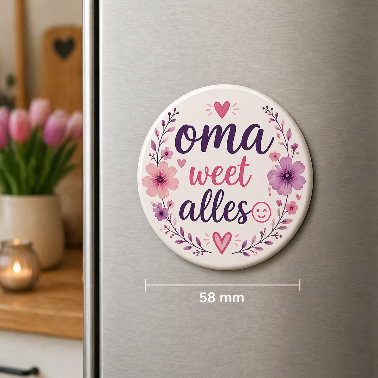 Koelkast magneet - oma weet alles 😉 – 58mm – Grappig cadeau voor oma – Ronde magneet met bloemen design